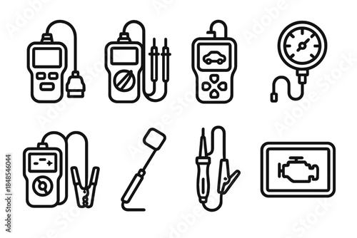 Automotive Diagnostic Icons. Automotive diagnostic tools linear set: OBD scanner, multimeter, code reader, pressure gauge, battery tester, inspection mirror, test light, diagnostic