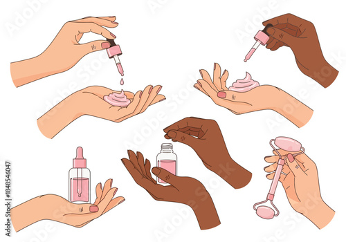 Collection of diverse hands applying skincare product with dropper, holding cream, and using jade roller