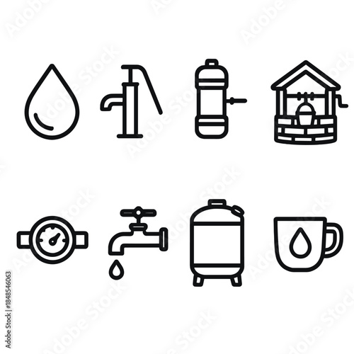 Water System Icons. Water Access Design linear set: clean droplet, pump handle, filter unit, protected well, flow gauge, tap icon, storage tank, safe cup.