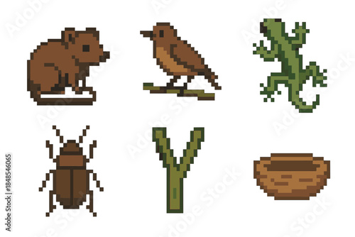 Arboreal Wildlife Icons. Arboreal Wildlife Icons set of icons in flat pixel vector style: possum shape, perched songbird, tree gecko, climbing beetle, branch fork, nest cup.