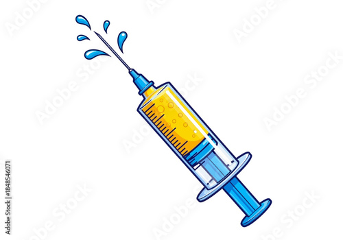Cartoon illustration of a medical syringe filled with yellow liquid spraying drops from the needle tip