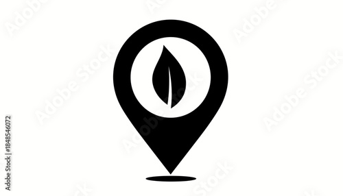 Black and white illustration of a map pin with a leaf inside, symbolizing eco-friendly location or sustainable travel.