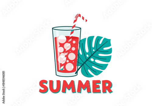 Vibrant illustration of a refreshing red summer drink with ice cubes and a striped straw next to a large green monstera leaf