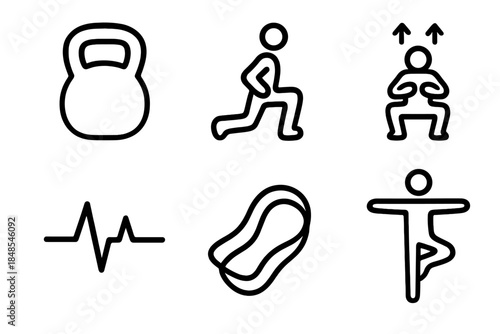 Fitness Icon Set. Strength & Conditioning Set linear set: kettlebell, lunge figure, jump squat outline, steady pulse bar, resistance band, balance pose.