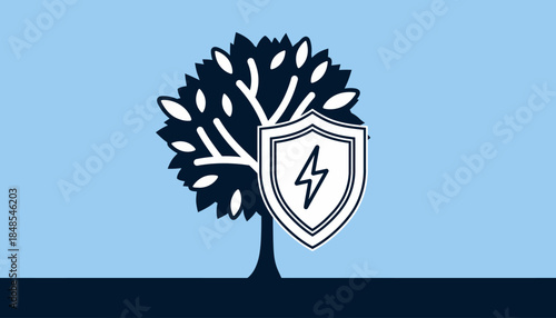 Illustration of a tree with a shield and lightning bolt, symbolizing environmental protection and sustainable energy.
