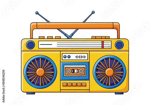 Bright yellow vintage boombox cassette player with blue speaker detail and antenna