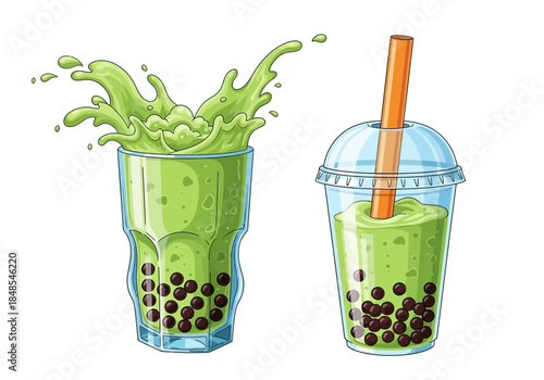 Two illustration of green matcha bubble tea with tapioca pearl, one splashing in a glass and one ready to drink in a cup