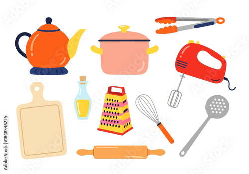 Collection of colorful kitchen utensil and cooking tool icons including a teapot, pot, mixer, grater, and rolling pin