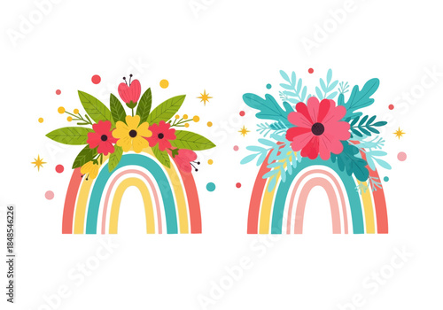 Two cute colorful rainbow illustrations decorated with bright floral bouquets and leaves