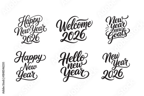 Happy New Year 2026, hand-lettered vector bundle, perfect for T-shirts, greeting cards, posters, mugs, pillows, and festive prints
