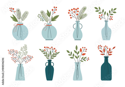 Set of eight different winter botanical arrangements with berries and pine branches in various vase shapes
