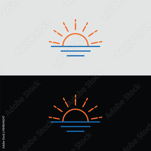 Simple sunrise over calm waters in contrasting backgrounds