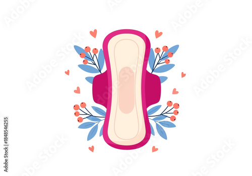Flat illustration of a feminine hygiene sanitary napkin pad with wings surrounded by floral elements and small hearts