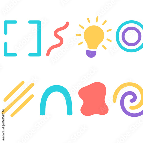 Vibrant Minimalist Icons. Creative Escape Icons flat set: open frame, flowing stroke, idea burst, expanding rings, drifting lines, spacious arc, freeform shape, imagination swirl.