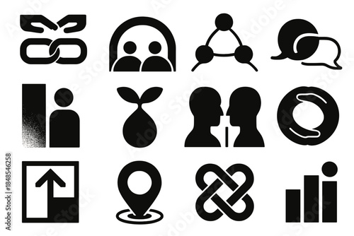 Unity and Repair Icons. Unity & Repair Themes silhouette set: compassion link tile, reconciliation arc, emotional honesty node, dialogue flow line, trust-restoration bar, healing