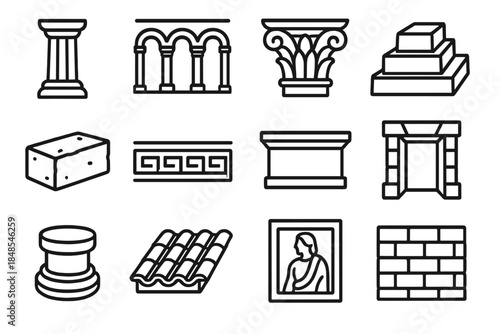 Ancient Architecture Icons. Ancient Architecture Elements linear set: stone column, arches, carved capital, stepped platform, clay brick, decorative frieze, lintel block, stone