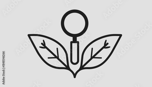 Minimalist icon illustration of a magnifying glass examining a plant with two leaves, symbolizing research and natural discovery.