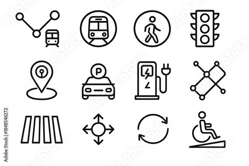 Urban Mobility Icons. Mobility & Transportation Planning linear set: bus route line, metro icon, walkability circle, traffic signal, mobility hub, car-sharing spot, EV charging