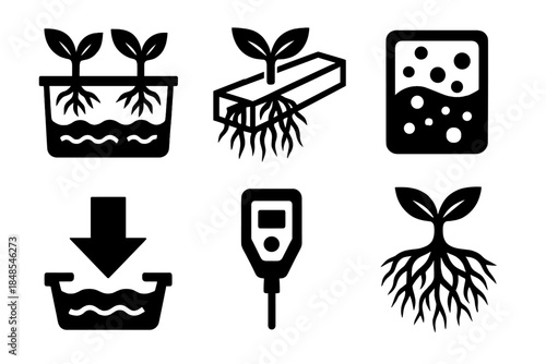 Hydroponic System Icons. Hydroponic Growth Systems silhouette set: hydro tray, nutrient film channel, oxygen bubbler, water flow arrow, ph meter, healthy root cluster.