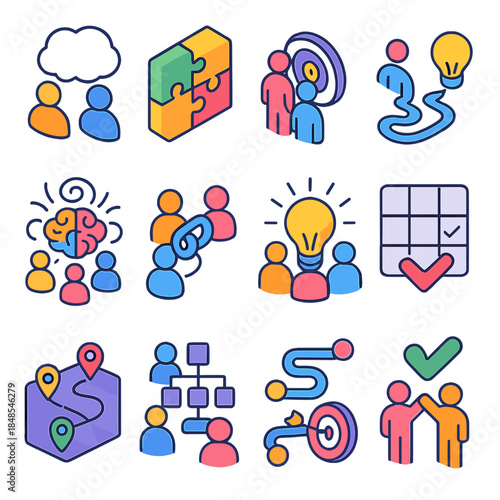 Teamwork Icons Collection. Team Problem-Solving Icons isometric flat set: shared thought bubble, puzzle lock-in, common goal mark, solution route, brainstorming swirl, group link,