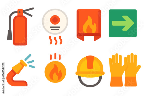 Modern Fire Safety Icons. Fire Protection Set flat set: fire suppression canister, smoke alarm, safety blanket, evacuation arrow sign, hose nozzle, thermal sensor icon, safety