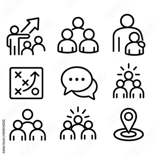 Leadership Skills Icons. Team Leadership Skills linear set: guiding arrow, team circle, mentor figure, support hand, strategy grid, communication bubble, unity spark, goal marker.