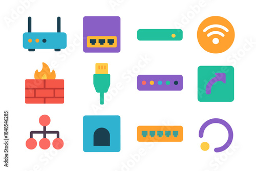 Modern Network Icons. IT Network Components flat set: router tile, managed switch node, modem bar, wireless AP ring, security firewall patch, network cable stripe, hub panel,