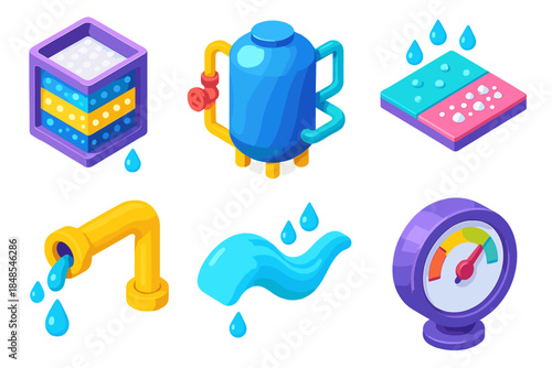 Desalination Process Icons. High-Efficiency Salt Removal flat isometric set: multi-stage filter bed, pressurized chamber, salt–water separation tile, desal feed line, product water