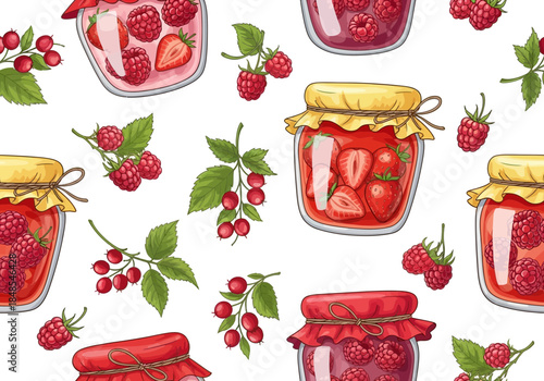 Seamless pattern with jars of raspberry and strawberry jam, hand drawn illustration