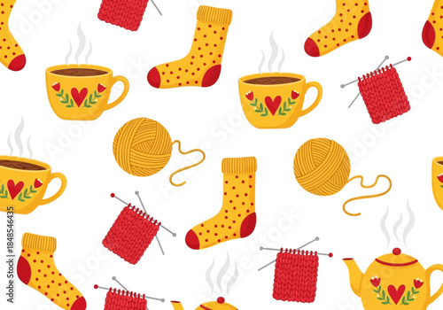 Cozy seamless pattern with knitted yellow polka dot sock, steaming hot beverage in mug, and ball of yarn for knitting