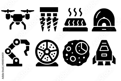 Celestial Extraction Icons. Celestial Material Extraction Set silhouette set: survey drone, drill bit array, thermal extraction plate, containment dome, sample retrieval arm,