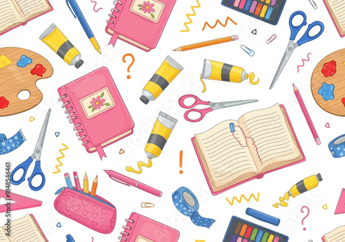 Seamless pattern of various pink stationery and art supply items like notebook, paint tube, scissor, and palette on
