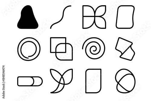 Abstract Form Icons. Conceptual Form Variations linear set: abstract silhouette, gradient flow line, modular bend tile, organic curve plate, transitional ring, blended geometry