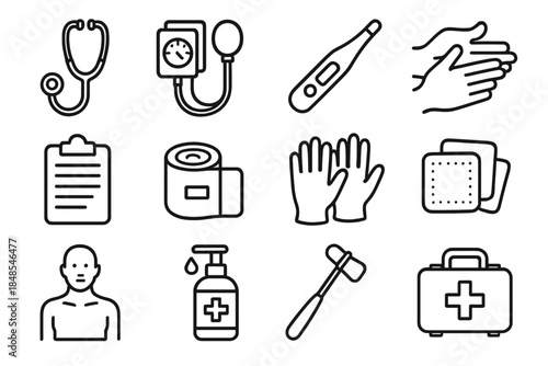 Medical Training Icons. Medical Training Essentials linear set: stethoscope, blood pressure cuff, thermometer, pulse check icon, medical clipboard, bandage roll, exam gloves, gauze