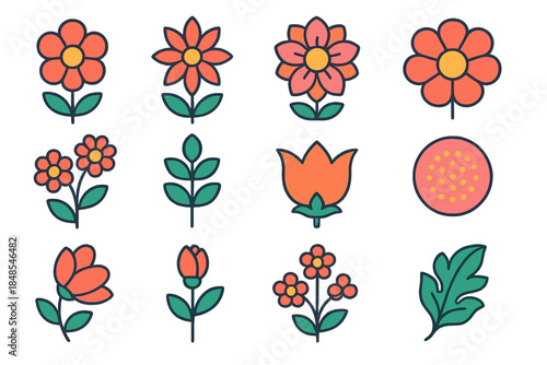 Bloom Icon Collection. Bloom Structure Forms isometric flat set: round petal, pointed petal, layered bloom, single bloom, double bloom, leafy stem, calyx shape, floral disk, flower