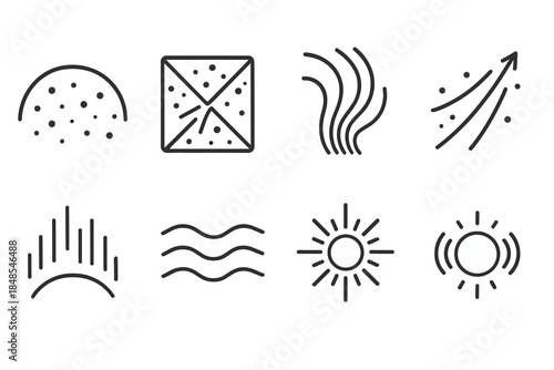 Cosmic Energy Icons. Atmospheric EM events linear set: ionospheric arc, plasma flow tile, magnetic field ribbon, charged particle streak, aurora glow, wavefront bar, solar emission