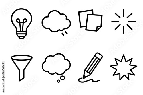 Creative Idea Icons. Idea Generation Flow linear set: lightbulb sketch, brainstorming cloud, sticky notes, spark icon, idea funnel, thought bubble, pencil draft, creative burst.