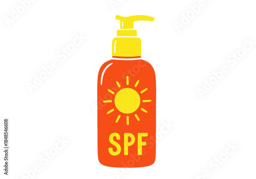 Bright orange sunscreen lotion bottle with yellow pump dispenser featuring a sun icon and spf text