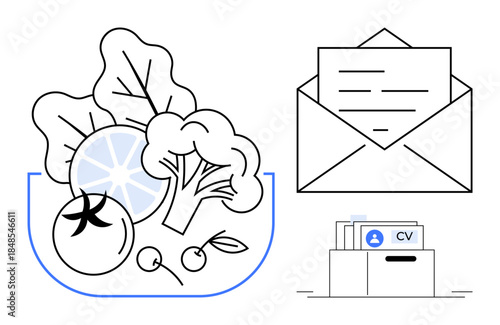 Healthy eating, communication, and recruitment symbols. Healthy eating with food elements, while correspondence and recruitment are with an envelope and CV folder. Ideal for job search, food blogs