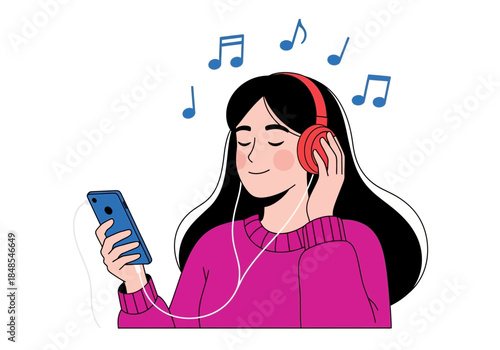Young woman enjoying music with headphones connected to a smartphone