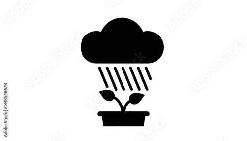 Cloud raining on a small plant in a pot, symbolizing growth and nature's cycle.