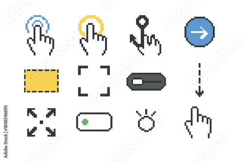 Pixel Art Interaction Icons. Engagement Interaction Elements pixel style set: tap pulse, hover halo, drag anchor, swipe marker, highlight zone, selection square, toggle slider,