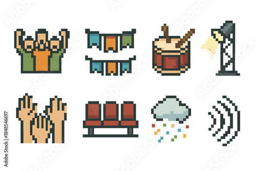 Event Vibe Icon Set. Live event vibe icons set of icons in flat pixel vector style: excited fans, banner row, rhythmic drumbeat icon, spotlight tower, cheering hands, seat section,