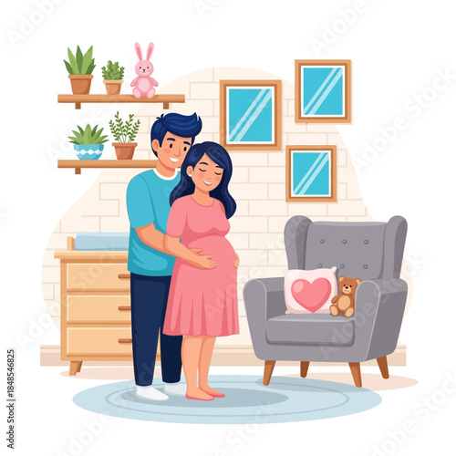 Happy pregnant couple standing together in a cozy room with a chair and nursery furniture, expecting a baby