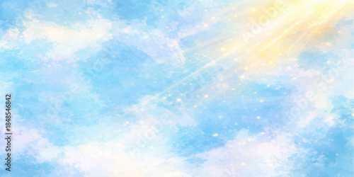 Beautiful abstract blue sky background with fluffy white clouds and bright summer sunlight shining through the clear air of a high sunny atmosphere for a beautiful nature cloudscape