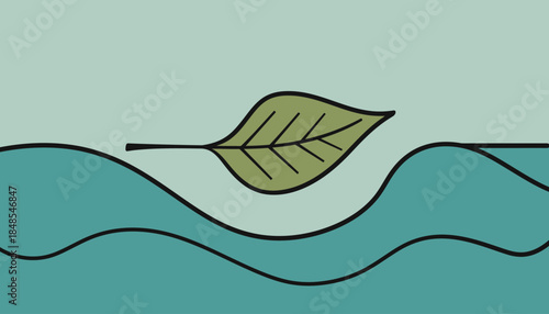 Minimalist illustration of a green leaf floating peacefully on calm blue water waves, symbolizing nature's tranquility.