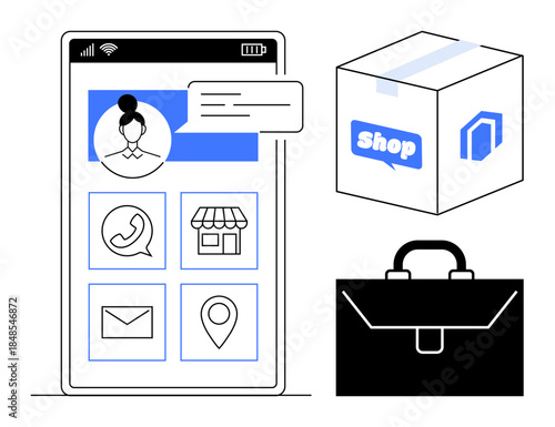 E-commerce, digital transactions, online shopping, package delivery, mobile communication, and business solutions. Mobile interface with icons, box with shop logo and a briefcase. E-commerce