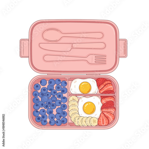 Healthy packed lunch box with fried egg, blueberry, banana slice, and strawberry for a balanced meal