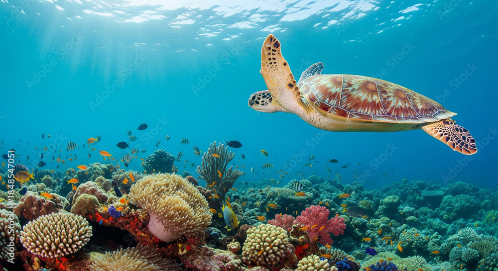Fototapeta premium Underwater scene with a sea turtle swimming gracefully over a vibrant coral reef teeming with small fish, illuminated by sun rays filtering from above