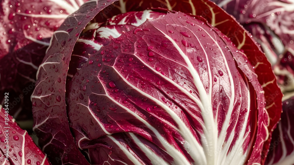 Obraz premium Fresh red cabbage leaves with water droplets close-up